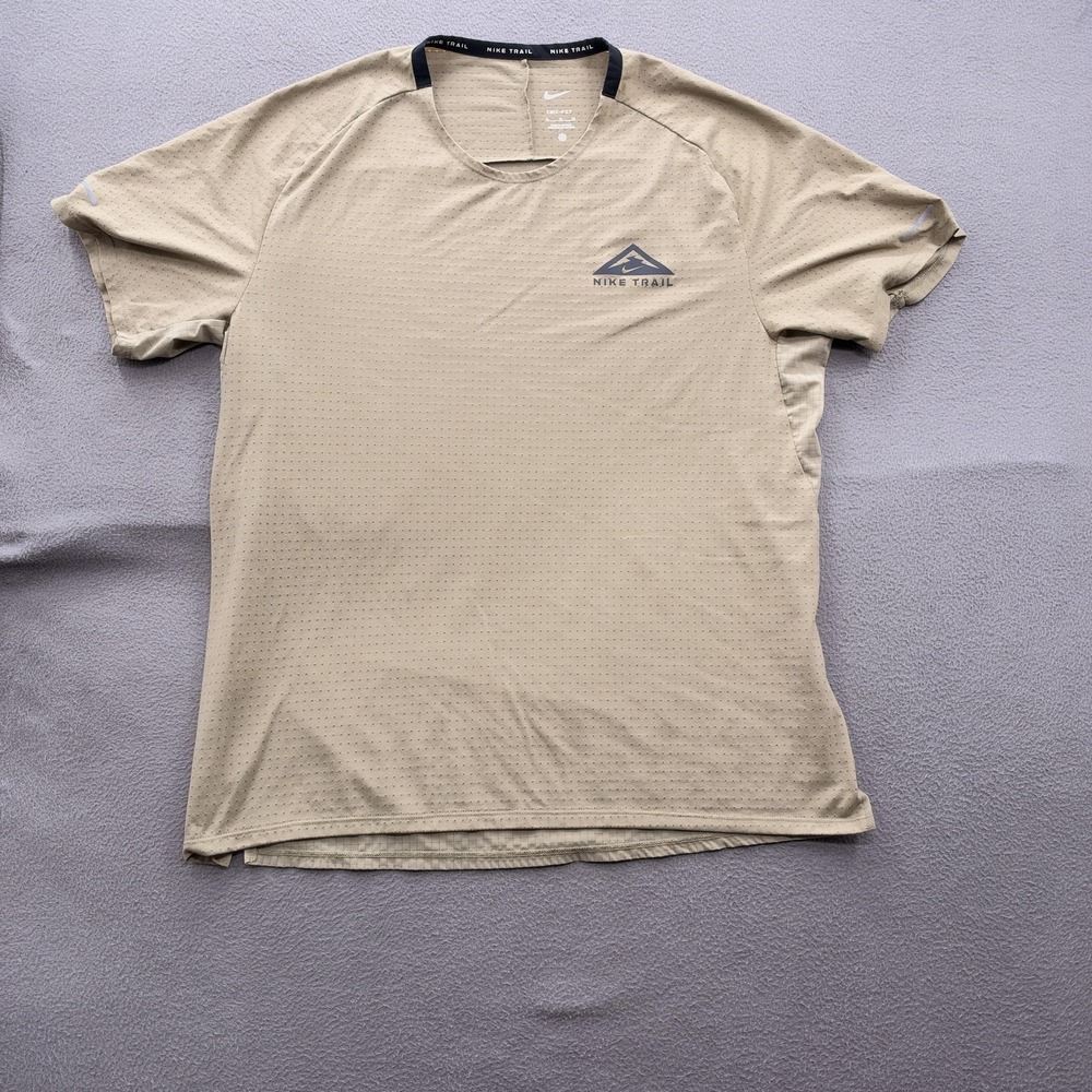 Nike Dri-FIT Trail Shirt Mens XL Biege Short Sleeve Running Athletic Mesh Top